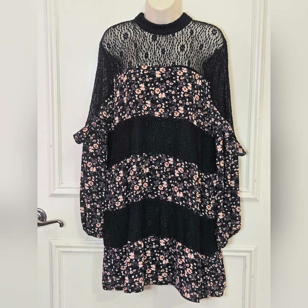 City Triangles Black Multi Floral Lace Tiered Ruffle Prairie Boho Dress,Jr Large